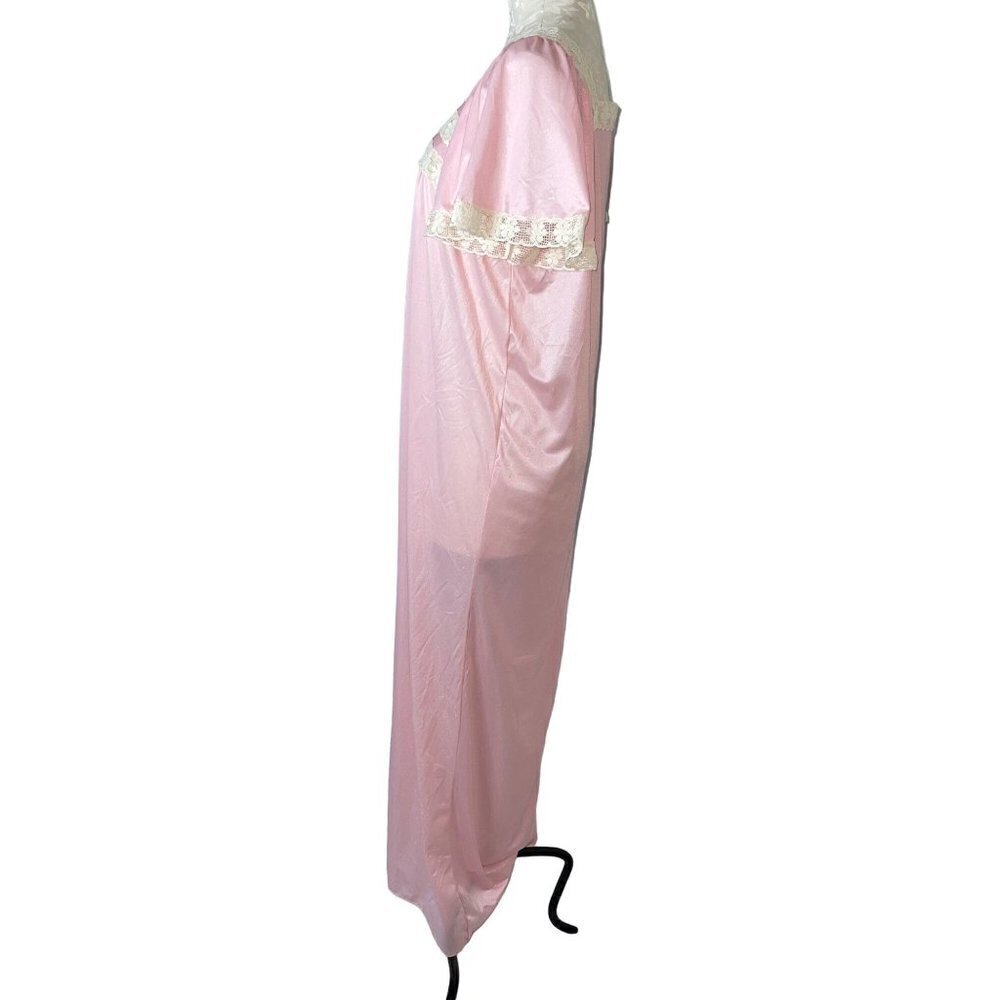 Vintage Womens Nightgown Size Medium Pink Nylon Lace Trim Flutter Sleeve Silky - Picture 3 of 10